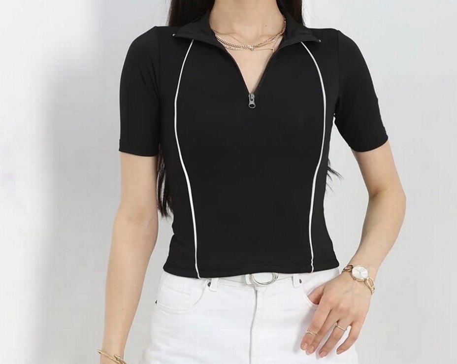 Fermuarlı Siyah Kısa Kollu Kadın Tişört - Görsel 3