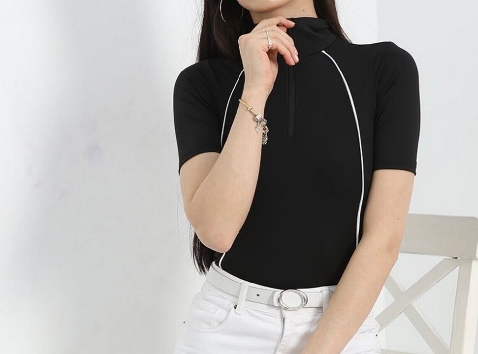 Fermuarlı Siyah Kısa Kollu Kadın Tişört - Görsel 2