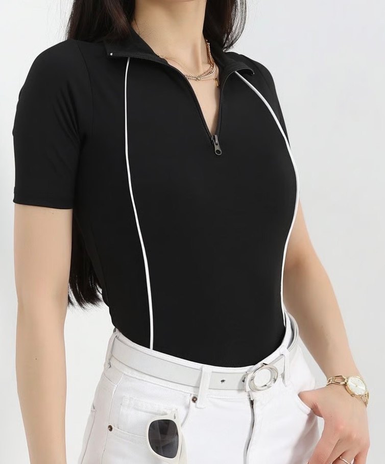 Fermuarlı Siyah Kısa Kollu Kadın Tişört - Görsel 5