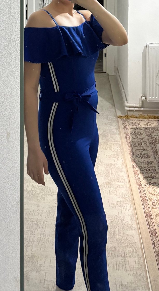 Mavi Çizgili Bel Detaylı Tulum - Görsel 2