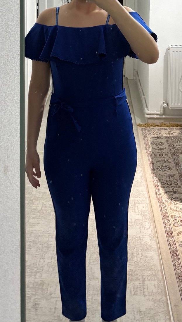 Mavi Çizgili Bel Detaylı Tulum - Görsel 3