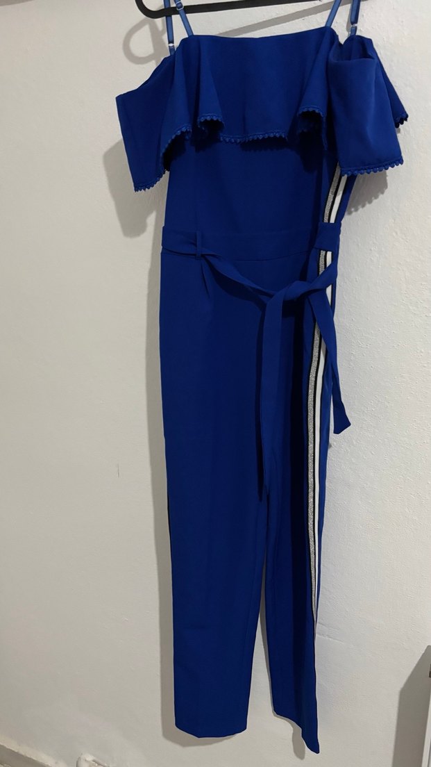 Mavi Çizgili Bel Detaylı Tulum - Görsel 4