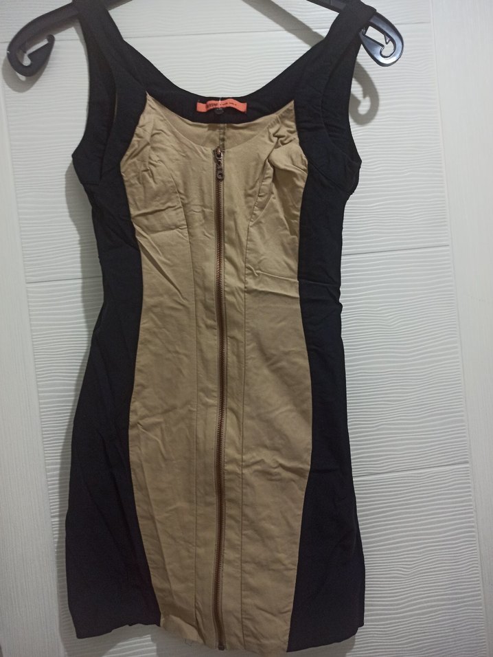 Kadın Bej Siyah Mini Kolsuz Elbise - Görsel 2