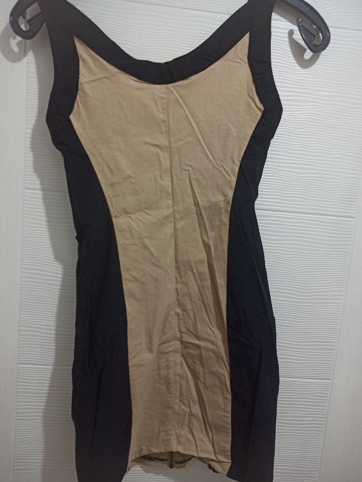 Kadın Bej Siyah Mini Kolsuz Elbise - Görsel 4