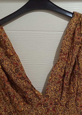 V Yaka Kısa Kahverengi Bohem Elbise - Görsel 3