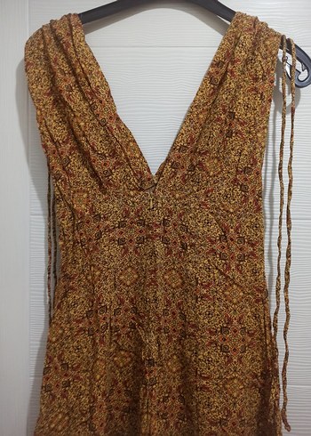 V Yaka Kısa Kahverengi Bohem Elbise - Görsel 5