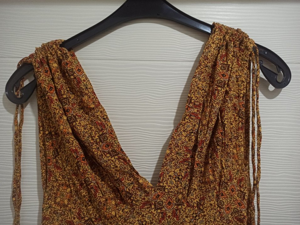 V Yaka Kısa Kahverengi Bohem Elbise - Görsel 3