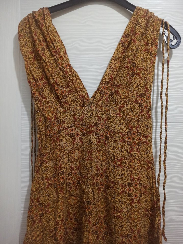 V Yaka Kısa Kahverengi Bohem Elbise - Görsel 5