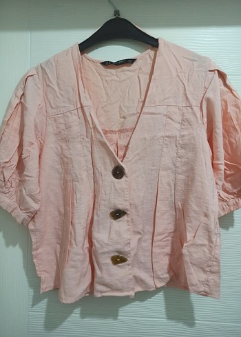 Düğmeli Kısa Kollu Pembe/Şeftali Bluz - Görsel 3