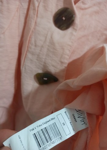 Düğmeli Kısa Kollu Pembe/Şeftali Bluz - Görsel 5