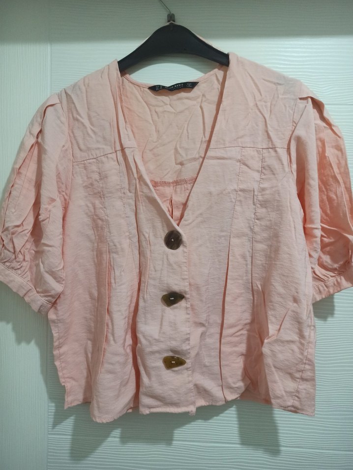 Düğmeli Kısa Kollu Pembe/Şeftali Bluz - Görsel 3