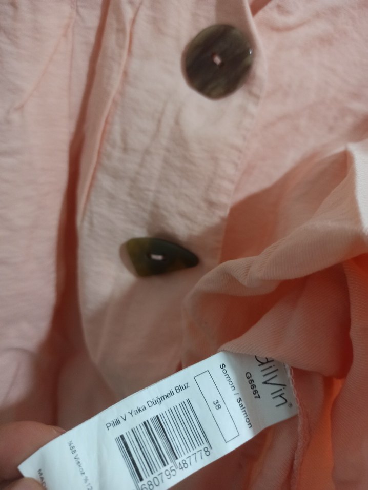 Düğmeli Kısa Kollu Pembe/Şeftali Bluz - Görsel 5