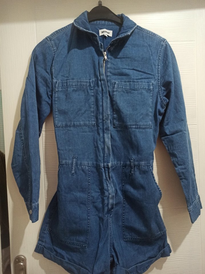 Kadın Denim Kemerli Uzun Kollu Tulum - Görsel 3