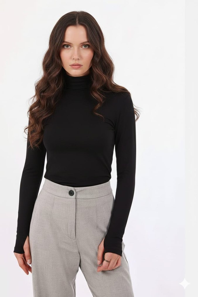 Siyah Yüksek Yakalı Kadın Bluz - Görsel 3