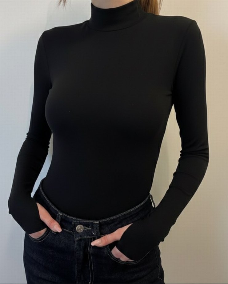 Siyah yarım boğazlı Uzun Kollu Kadın Bluz - Görsel 2