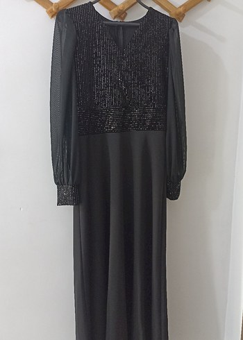 Payet kumaş, tül kollu şık elbise - siyah - Görsel 2