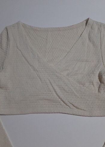 Bej V Yakalı Uzun Kollu Crop Top - Görsel 2