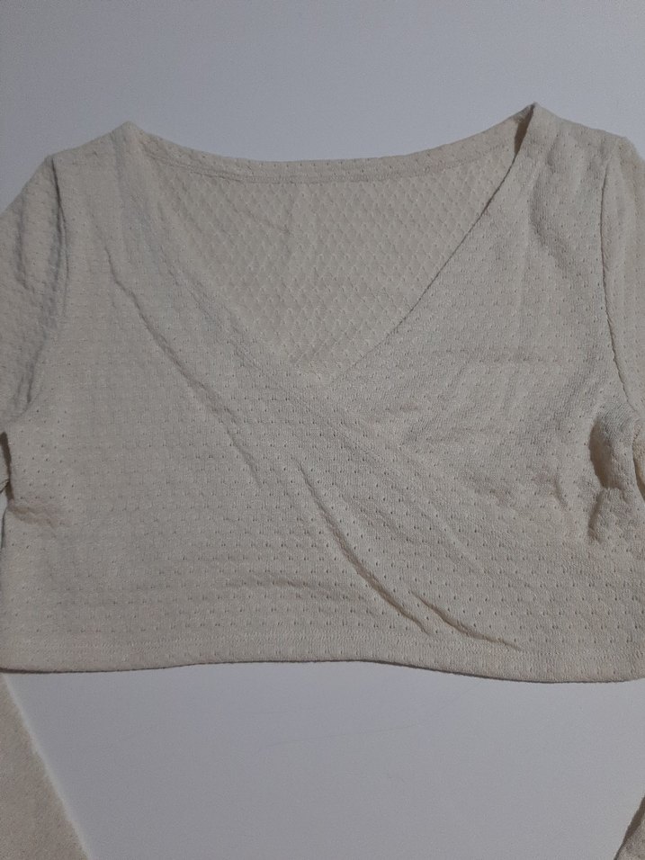 Bej V Yakalı Uzun Kollu Crop Top - Görsel 2