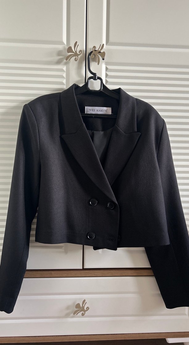 Düğmeli Siyah Mini Kadın Blazer Ceket - Görsel 2