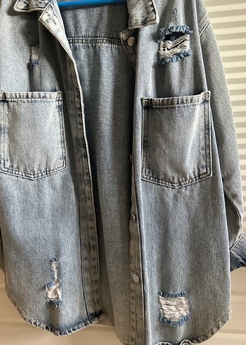 Gri Rahat Kesim Düğmeli Kadın Kot Ceket - Görsel 2