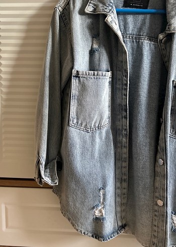 Gri Rahat Kesim Düğmeli Kadın Kot Ceket - Görsel 3