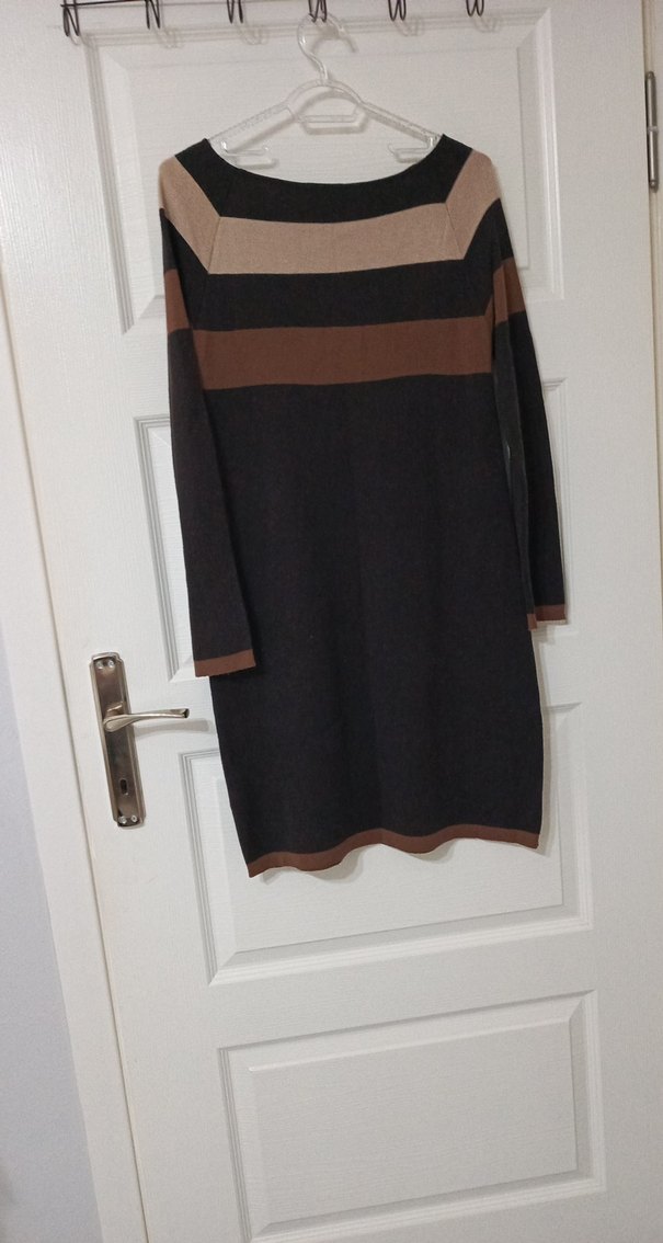 Kadın Kahverengi Çizgili Triko Elbise - Görsel 2