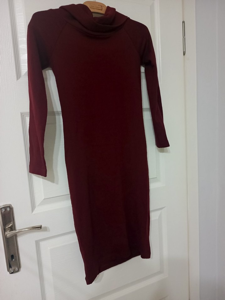 kadın bordo triko degaje yaka kalem elbise - Görsel 2