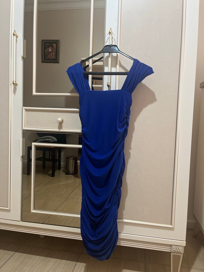 Mavi Drapeli Midi Abiye Elbise - Görsel 2