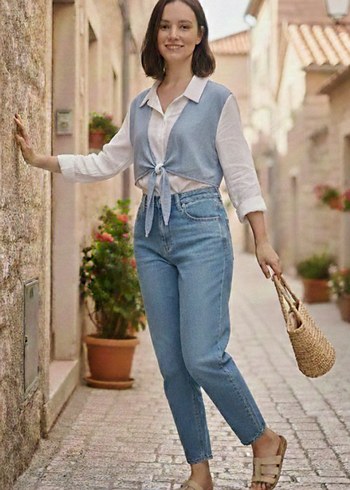 Kadın Beyaz Bağcıklı Midi Keten gömlek - Görsel 2