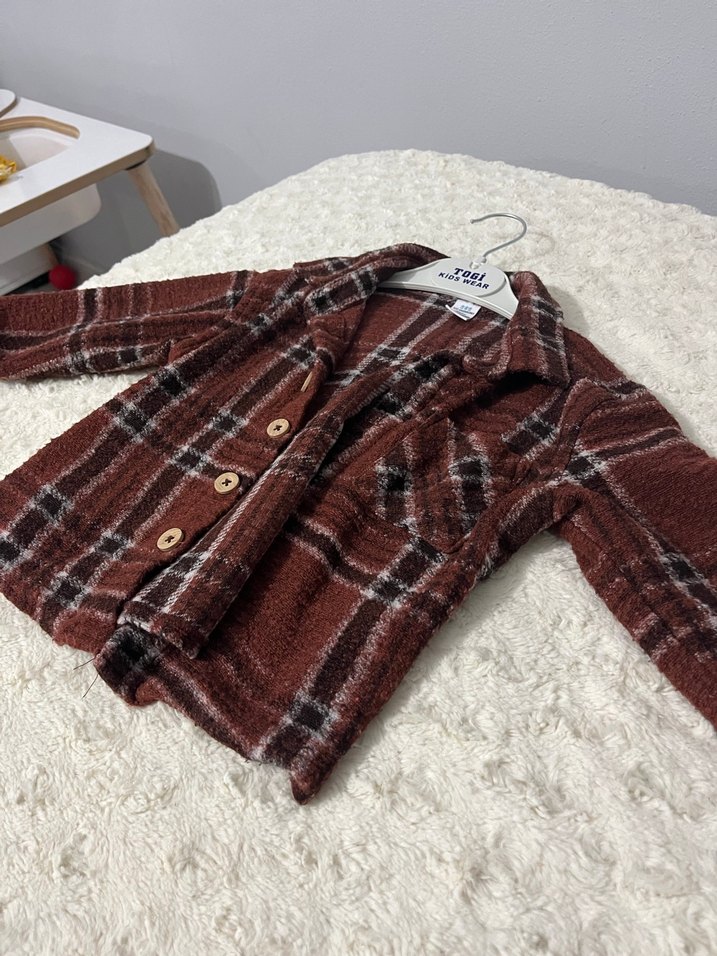 Düğmeli Kahverengi Ekose Yün Erkek Çocuk gömlek - Görsel 3