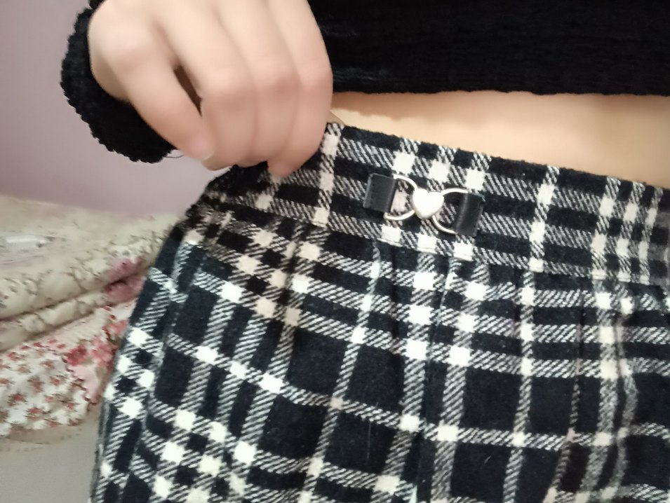 arkadan lastikli Siyah Ekose diz üstü Etek - Görsel 3