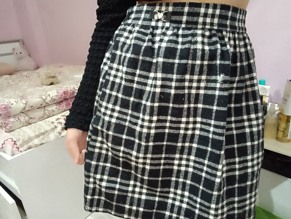 arkadan lastikli Siyah Ekose diz üstü Etek - Görsel 2