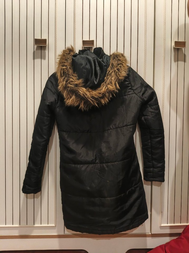 Siyah Kadın Midi Kışlık Mont Kürklü Kapüşonlu - Görsel 2
