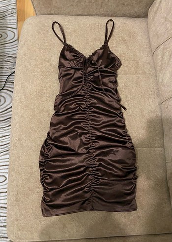 H&M Kahverengi Drapeli İnce Askılı Elbise - Görsel 3