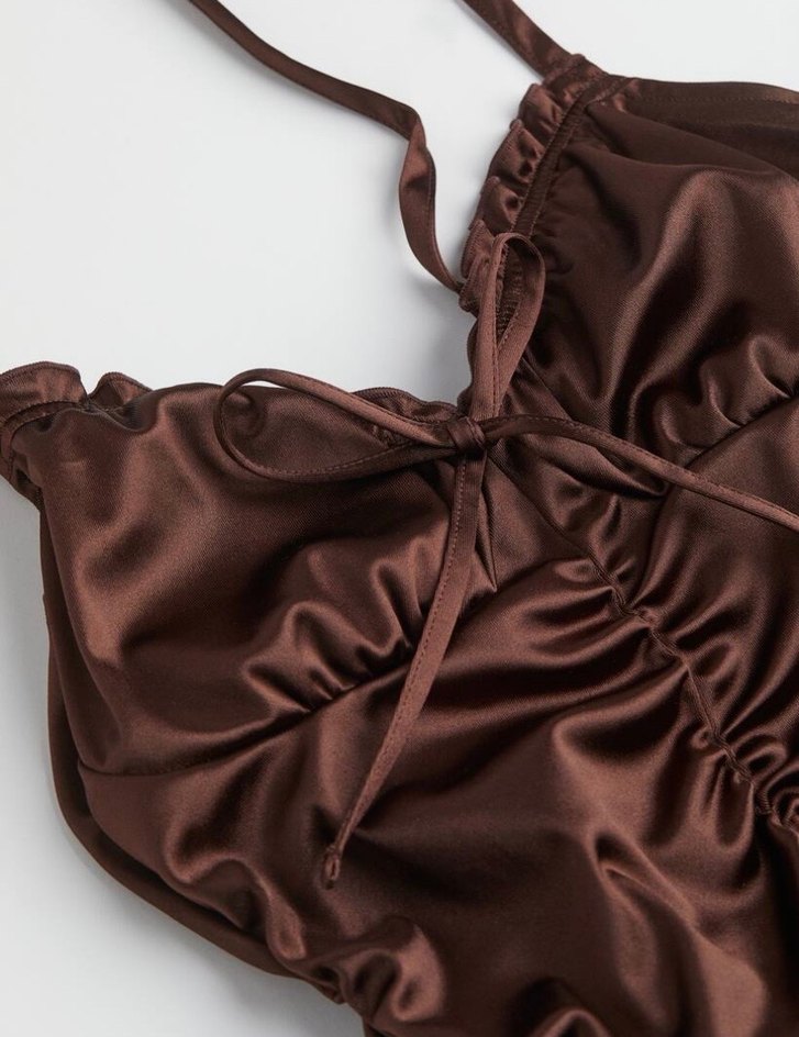 H&M Kahverengi Drapeli İnce Askılı Elbise - Görsel 2