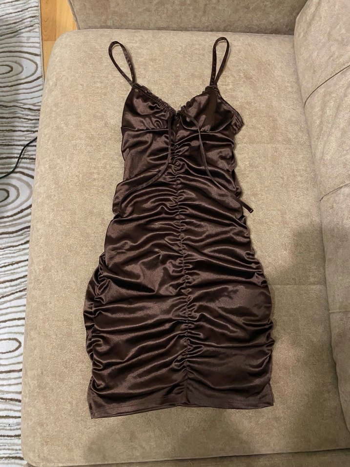 H&M Kahverengi Drapeli İnce Askılı Elbise - Görsel 3