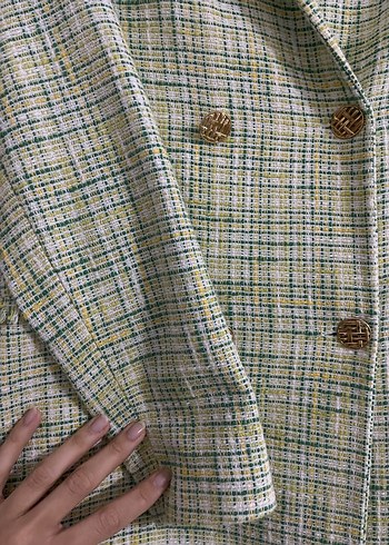 Düğmeli Yeşil Ekose Kadın Blazer - Görsel 3