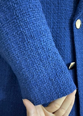 Düğmeli Mavi Kadın Keten Blazer Ceket - Görsel 2
