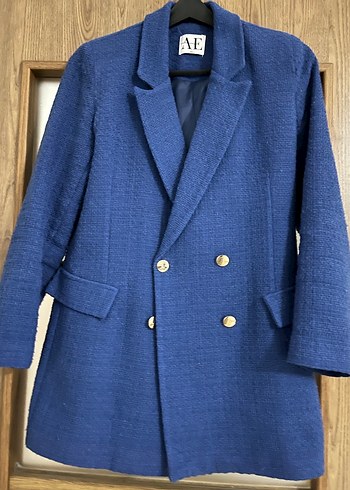 Düğmeli Mavi Kadın Keten Blazer Ceket - Görsel 3