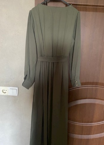 Kemerli Uzun Keten Elbise - Haki - Görsel 4