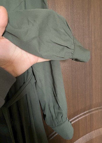 Kemerli Uzun Keten Elbise - Haki - Görsel 2