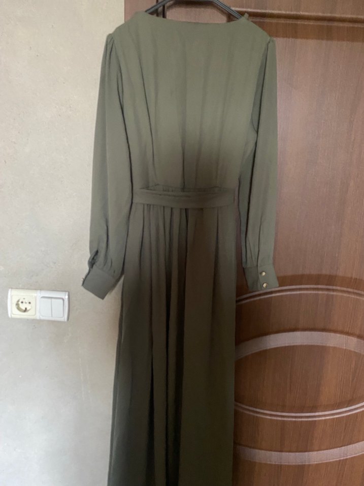 Kemerli Uzun Keten Elbise - Haki - Görsel 4