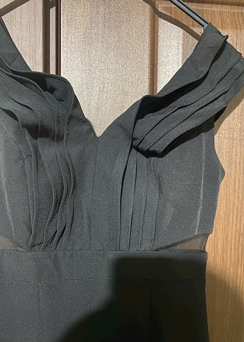 Siyah Drapeli V Yaka Uzun Abiye Elbise - Görsel 4