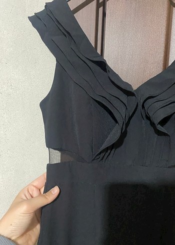 Siyah Drapeli V Yaka Uzun Abiye Elbise - Görsel 3