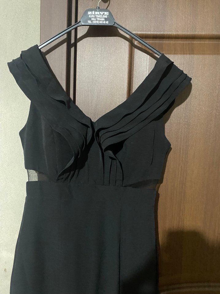 Siyah Drapeli V Yaka Uzun Abiye Elbise - Görsel 2