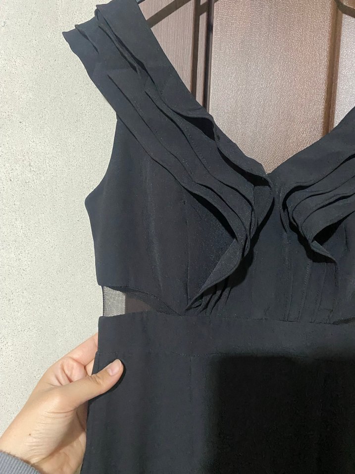 Siyah Drapeli V Yaka Uzun Abiye Elbise - Görsel 3