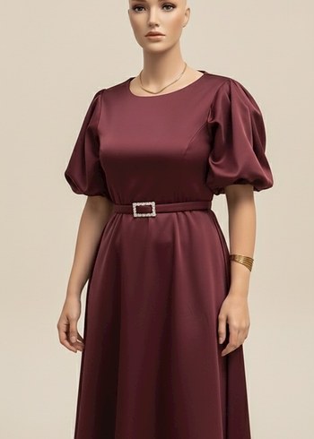 Bordo kemerli miydi boy elbise - Görsel 3