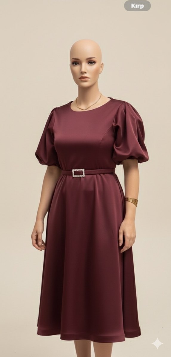 Bordo kemerli miydi boy elbise - Görsel 3