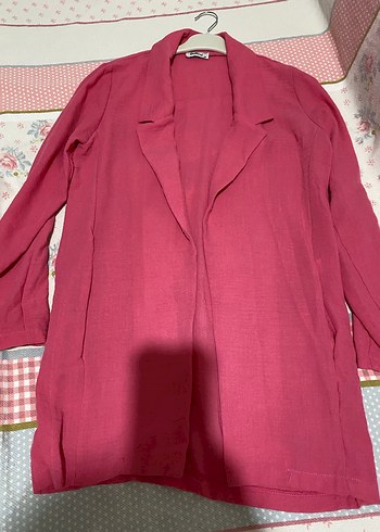 Düğmeli Pembe Midi Kadın Keten Ceket - Görsel 2