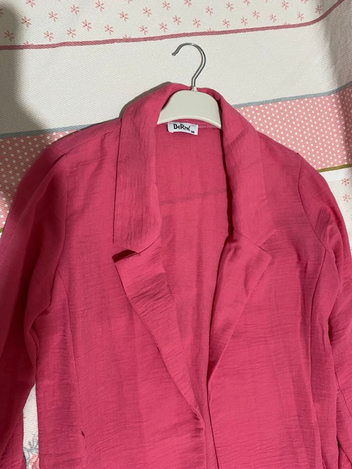 Düğmeli Pembe Midi Kadın Keten Ceket - Görsel 3